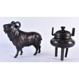 A 19TH CENTURY JAPANESE MEIJI PERIOD BRONZE RAM together with a bronze censer. Largest 17 cm x 22
