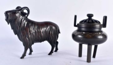 A 19TH CENTURY JAPANESE MEIJI PERIOD BRONZE RAM together with a bronze censer. Largest 17 cm x 22