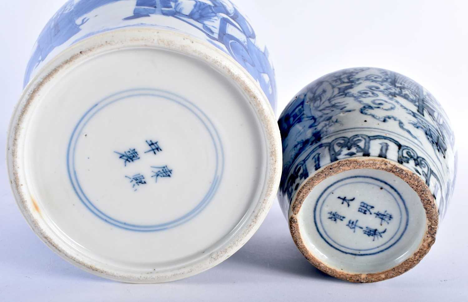 A 19TH CENTURY CHINESE BLUE AND WHITE KANGXI REVIVAL VASE bearing Kangxi marks to base, together - Image 5 of 21