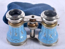 A PAIR OF ANTIQUE ENAMELLED OPERA GLASSES. 9 cm x 9 cm extended.