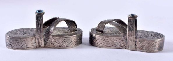 An Unusual Pair of Sterling Silver Sandals. XRF Tested for purity. 5.7cm x 2.5cm x 2.5cm, weight 72g