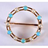 A VICTORIAN YELLOW METAL TURQUOISE AND PEARL BROOCH. 3.7 grams. 2.25 cm diameter.