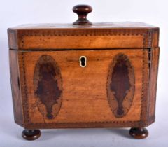 AN UNUSUAL GEORGE III MAHOGANY RECTANGULAR FORM TEA CADDY overlaid with panels of flowers and trees,