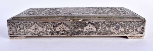 A 19TH CENTURY MIDDLE EASTERN RECTANGULAR SILVER BOX engraved with foliage. 347 grams. 16.5 cm x 9.