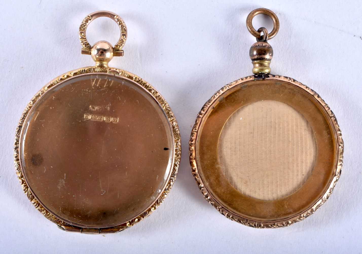 A 9CT GOLD LOCKET together with another. 13.8 grams overall. Largest 3.25 cm diameter. (2)