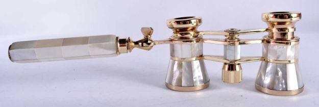 A PAIR OF MOTHER OF PEARL INLAID OPERA GLASSES with telescopic arm. Glasses - 10cm x 5.5cm extended.