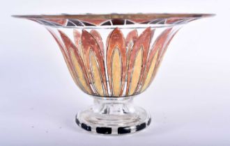 AN ART DECO FRENCH ENAMELLED GLASS FLARED BOWL signed P, decorated with angular black patterns and
