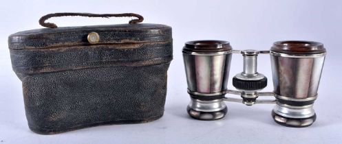 A CASED PAIR OF ABERLONE INLAID OPERA GLASSES. 9.5cm x 6.8 cm extended.