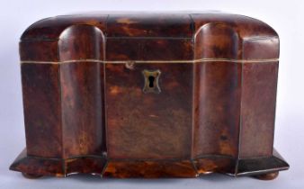 AN UNUSUAL EARLY REGENCY CARVED TORTOISESHELL TEA CADDY of rectangular form, with wire work inlay,