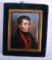 European School (C1840) Portrait Miniature, Male wearing a red waistcoat, gold coloured amulet,