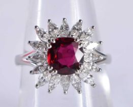 A 15CT GOLD FINE RUBY AND MARQUISE DIAMOND RING the ruby approx 1.75 cts. N. 6.6 grams.