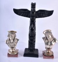 A PAIR OF 19TH CENTURY SILVERED BRONZE RELIGIOUS BUSTS together with a Haida totem pole, possibly