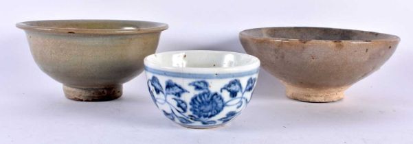 THREE EARLY CHINESE BOWLS probably song to yuan. Largest 7 cm x 14.5 cm. (3)