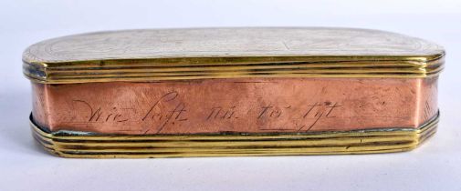 AN 18TH CENTURY DUTCH BRASS AND COPPER RECTANGULAR SNUFF BOX AND COVER engraved with erotic scenes