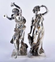 A PAIR OF 19TH CENTURY FRENCH SILVERED BRONZE FIGURES OF FEMALES modelled as females, one dancing,