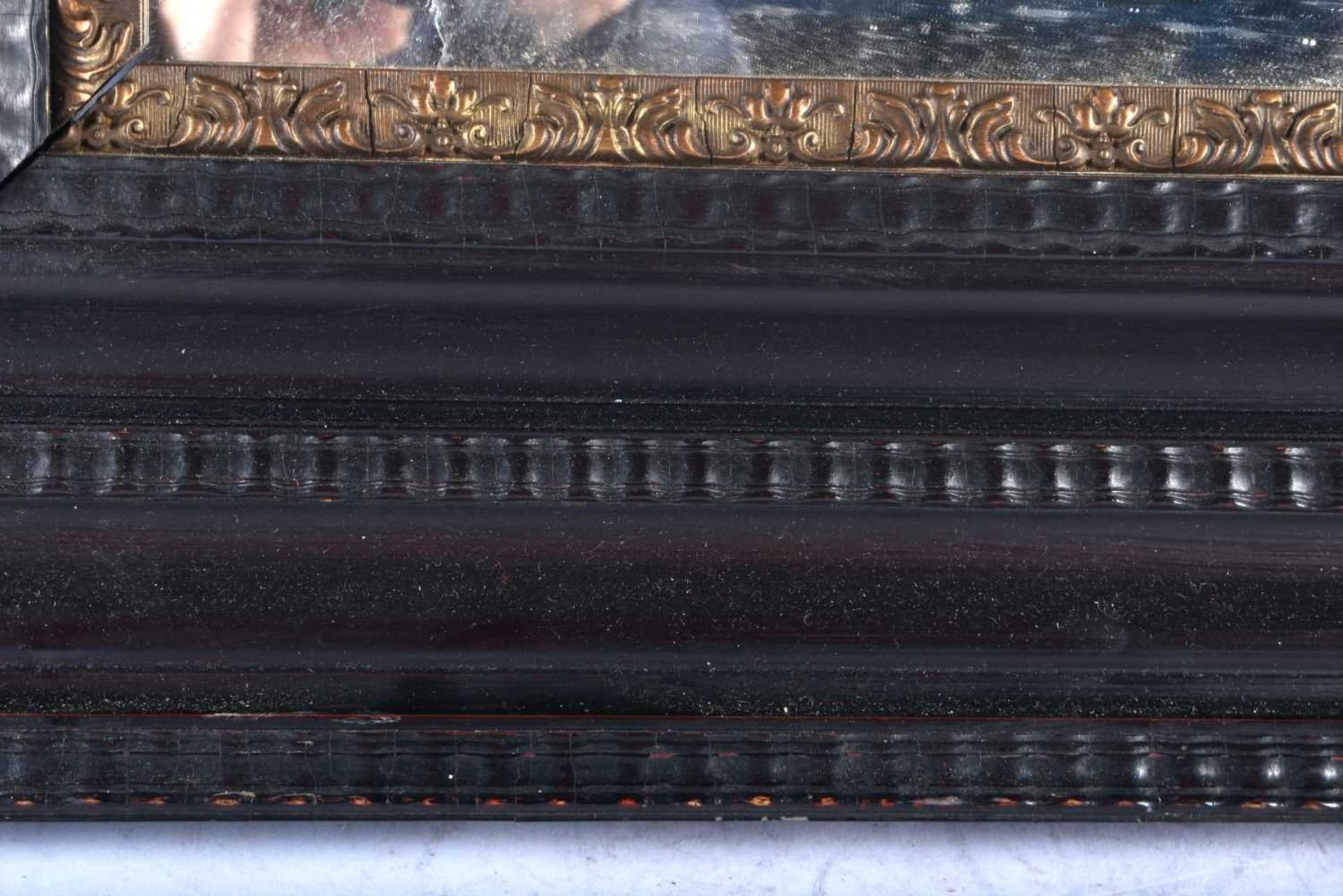 A LARGE 18TH/19TH CENTURY DUTCH FLEMISH EBONISED WOOD MIRROR with gilt floral trim to the - Image 2 of 5