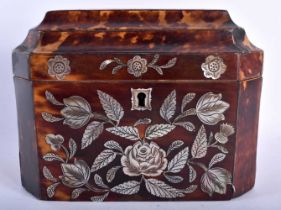 A FINE REGENCY MOTHER OF PEARL INLAID TORTOISESHELL TEA CADDY wonderfully inlaid with scrolling