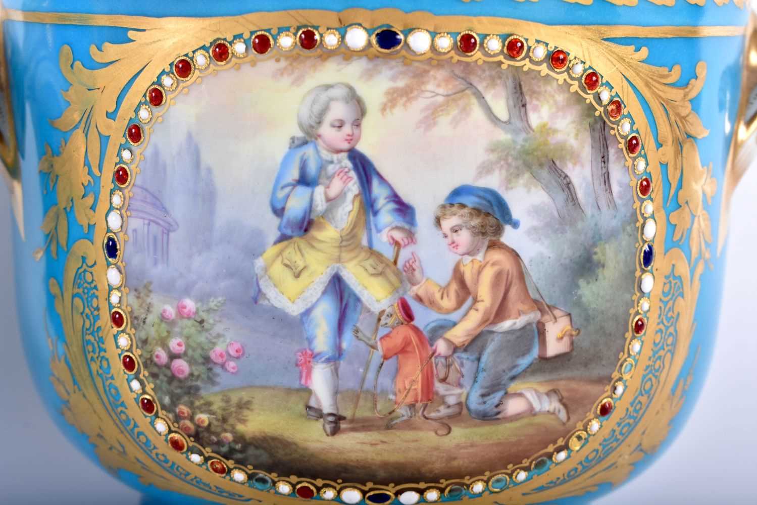 A PAIR OF 19TH CENTURY FRENCH SEVRES PORCELAIN CACHE POT painted with figures in landscapes, with - Image 2 of 8
