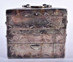A LATE 19TH CENTURY JAPANESE MEIJI PERIOD SILVER JEWELLERY BOX engraved all over with landscapes.