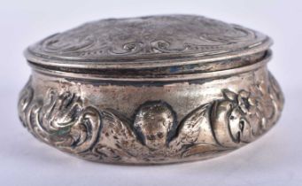 A Continental Silver Snuff Box with Embossed Classical Scene on lid. Stamped 800, 8 cm x 3.2cm,