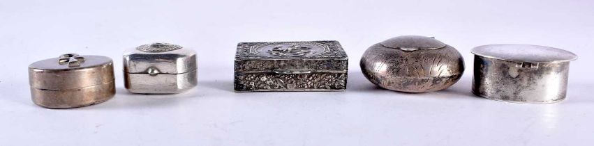 Five Silver Pill Boxes. Stamped 925 or XRF Tested 800, 930 Silver. Largest 4.3cm x 3.1cm x 1.3cm,