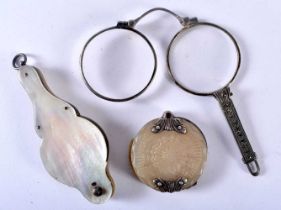 Two Antique Silver Monocles with Mother of Pearl Cases and a Pair of Lorgnettes. Stamped 800, 925