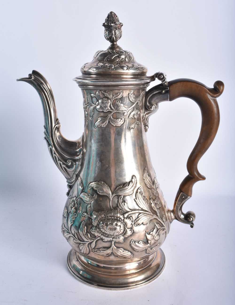 A GOOD GEORGE III SILVER CHOCOLATE POT by Fuller White, decorated in relief with repousse foliage, - Image 4 of 10