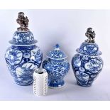 A 19TH CENTURY CHINESE BLUE AND WHITE PORCELAIN VASE AND COVER etc. Largest 22.5 cm high. (3)