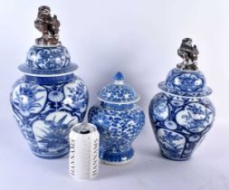 A 19TH CENTURY CHINESE BLUE AND WHITE PORCELAIN VASE AND COVER etc. Largest 22.5 cm high. (3)