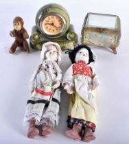 A SMALL EARLY 20TH CENTURY TOY MONKEY possibly Schuco, together with a polished marble clock etc. (