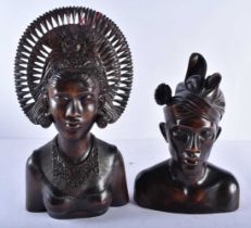 Hand Carved Wooden Ornaments Inc. Male & Female Busts From Indonesia C 1930s 33cm high (2)