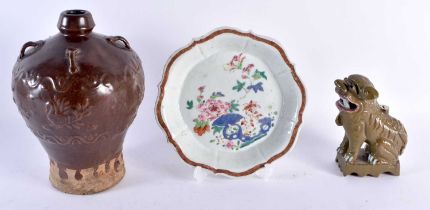 AN 18TH CENTURY CHINESE FAMILLE ROSE DISH etc. 22 cm high. (3)
