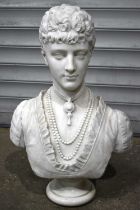 A LARGE LATE 19TH CENTURY EUROPEAN CARVED MARBLE COUNTRY HOUSE BUST ON STAND formed as an elegant