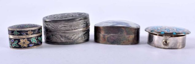 Four Silver Pill Boxes with decorated Tops. Stamped 925. Largest 4.3cm x 2.5cm x 3.2cm, total weight