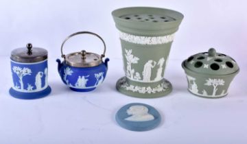 AN ANTIQUE WEDGWOOD JASPERWARE PLAQUE George Page Walford, together with other jasperware. Largest