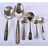 FOUR DANISH SILVER SPOONS together with two George III silver spoons. 266 grams. Largest 25 cm long.