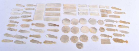 ASSORTED 19TH CENTURY CHINESE MOTHER OF PEARL GAMING COUNTERS. 133 grams. Largest 6.75 cm x 2 cm. (