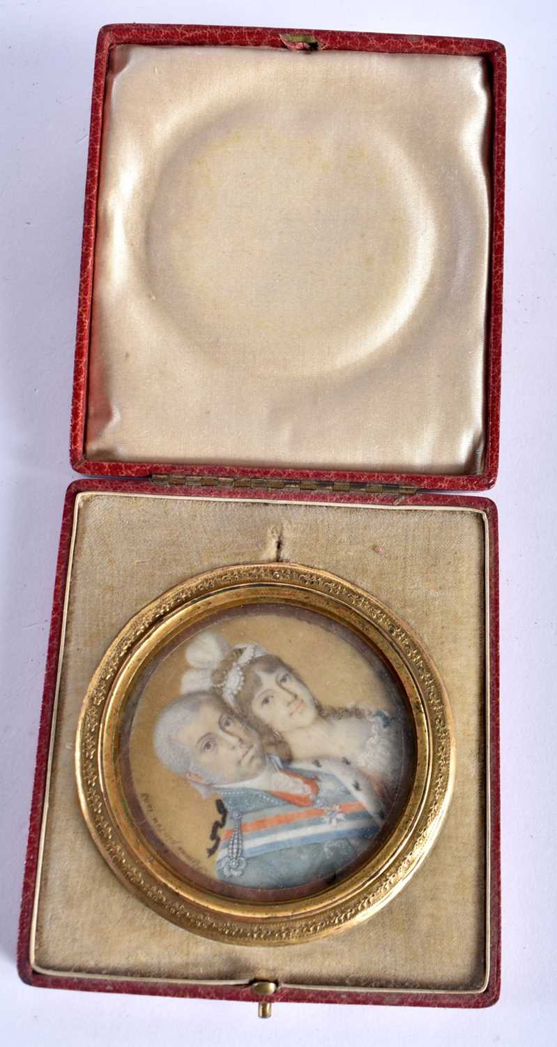 Romelo Pinton (18th/19th Century) Portrait Miniature, Male and female, within a gilt metal floral