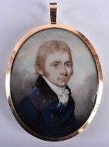 Manner of Andrew Plimer (1763-1837) Portrait Miniature, Male wearing a dark blue overcoat, yellow