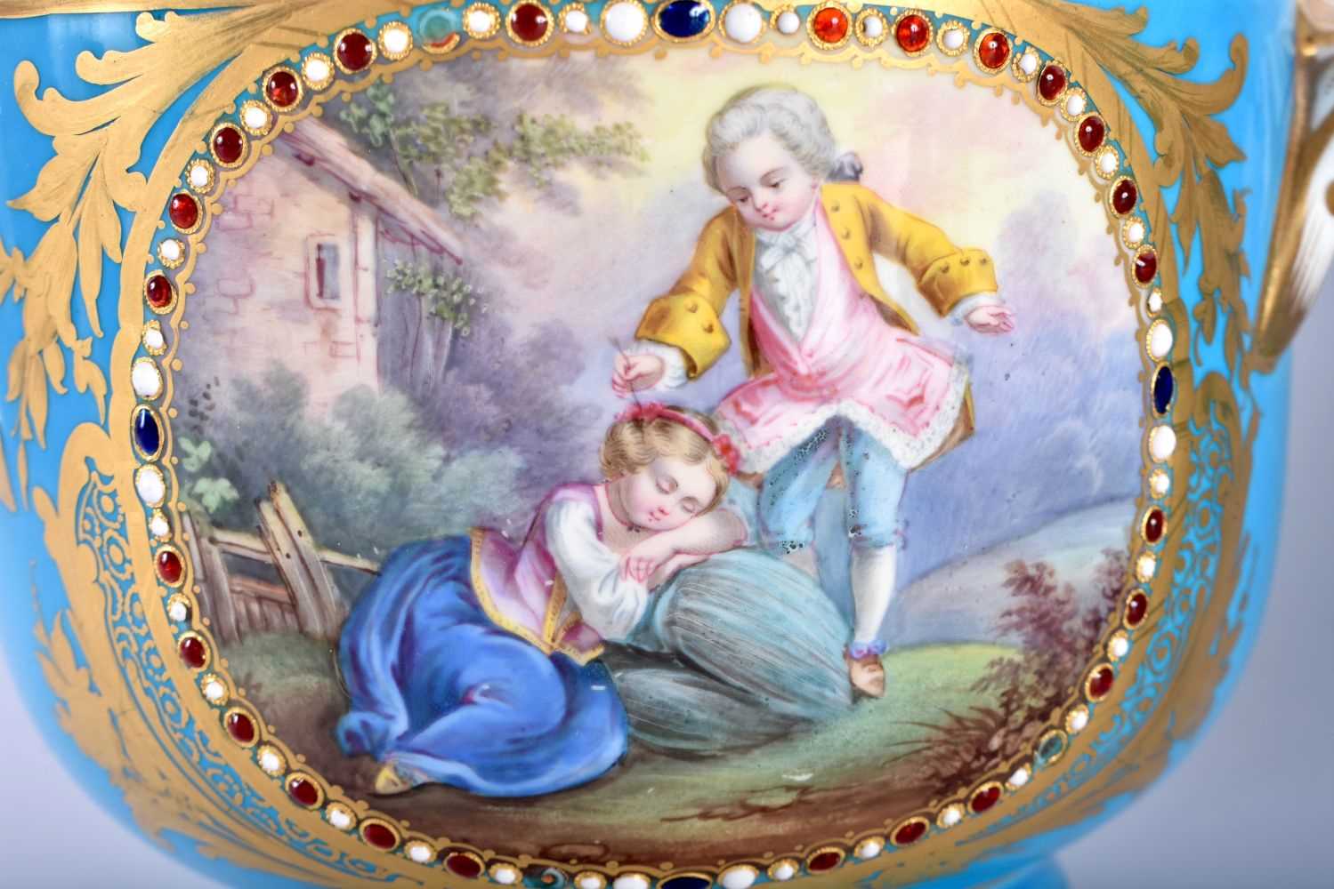 A PAIR OF 19TH CENTURY FRENCH SEVRES PORCELAIN CACHE POT painted with figures in landscapes, with - Image 3 of 8