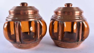 Vintage Copper Candle Light Holder Pair w/ Coloured Glass 12cm 1136g (2)