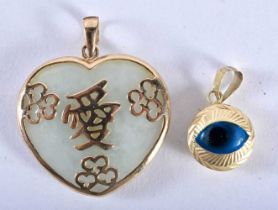 A 14CT GOLD PENDANT together with a 9ct gold pendant. 7.6 grams overall. Largest 3 cm x 2.5 cm. (2)