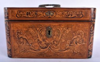 A FINE 18TH CENTURY BURR WOOD AND FRUITWOOD RECTANGULAR TEA CADDY Attributed to Thomas Hache (1664-