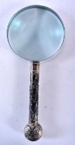 A Victorian Magnifying Glass with Carved Wooden Handle and Silver Mounts (possible replacement glass