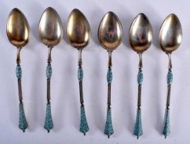 A SET OF SIX CONTINENTAL SILVER AND ENAMEL SPOONS. 52 grams. 9.5 cm long. (6)