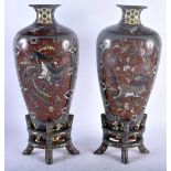 A RARE LARGE PAIR OF 19TH CENTURY JAPANESE MEIJI PERIOD CLOISONNE ENAMEL VASES unusually supported