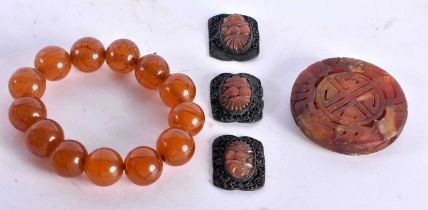 A PAIR OF ANTIQUE CHINESE AGATE EARRINGS etc. Largest 5.5 cm diameter. (5)