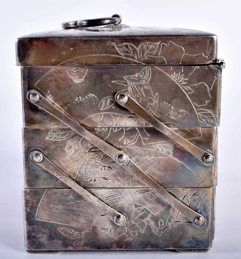 A LATE 19TH CENTURY JAPANESE MEIJI PERIOD SILVER JEWELLERY BOX engraved all over with landscapes. - Image 2 of 5