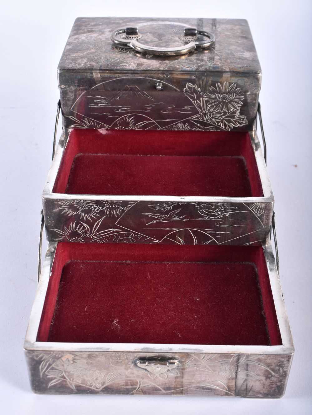 A LATE 19TH CENTURY JAPANESE MEIJI PERIOD SILVER JEWELLERY BOX engraved all over with landscapes. - Image 3 of 5