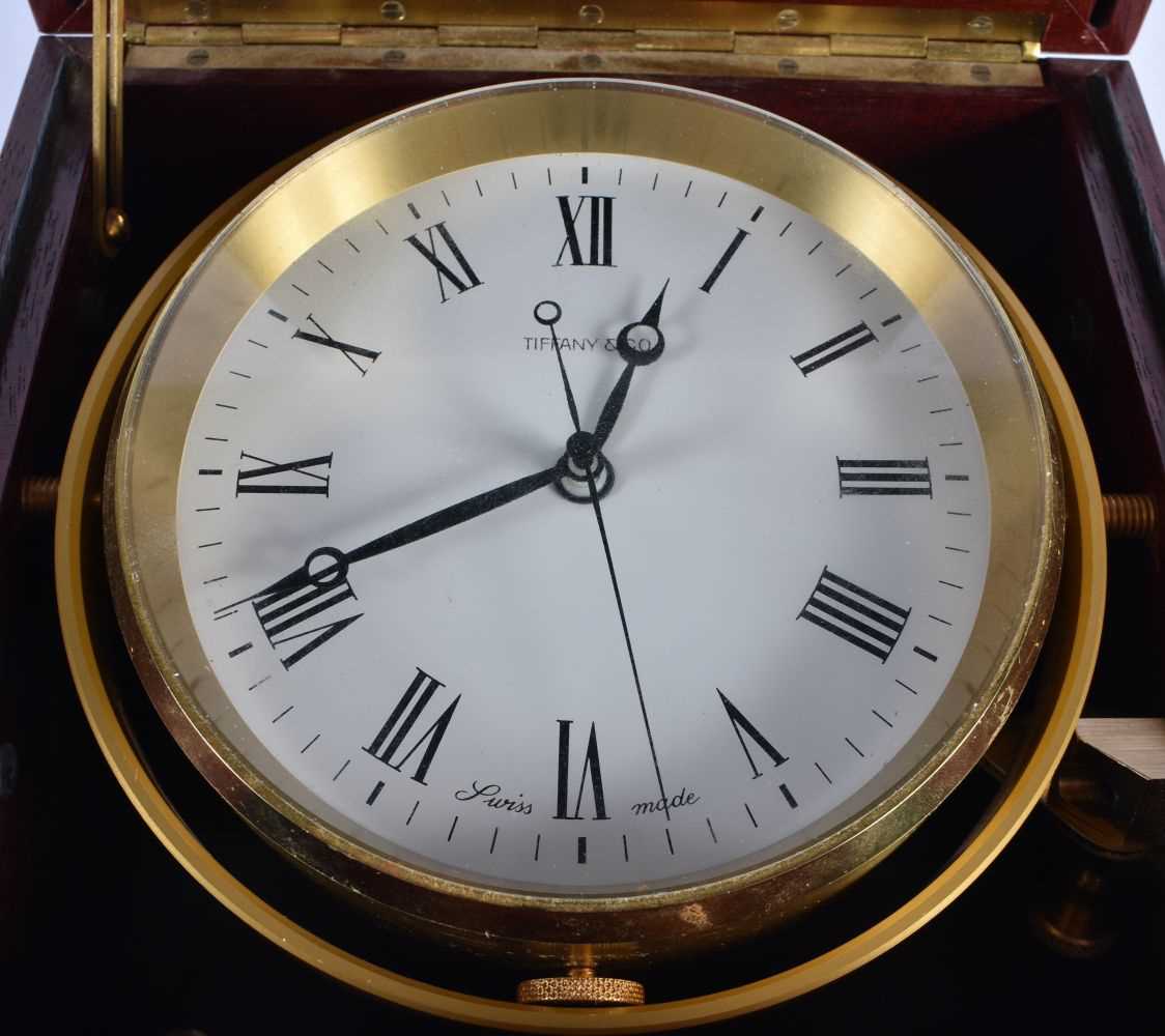 A TIFFANY & CO MARINE CHRONOMETER STYLE MAHOGANY DESK CLOCK. 18cm x 18cm. - Image 2 of 6